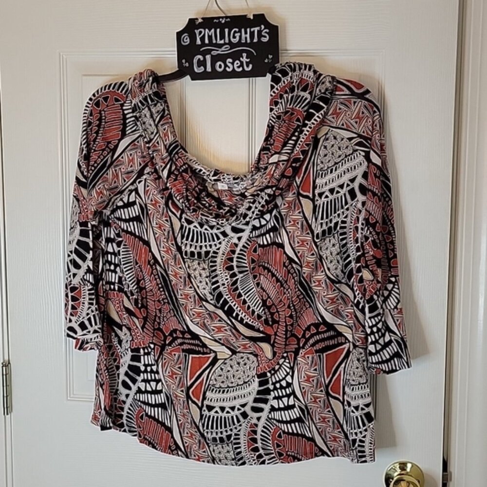 Cato XL Blouse Gypsy Ruffle Neckline Black Orange Tan White